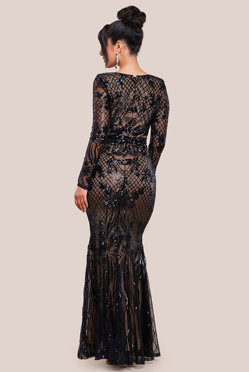 Goddiva Full Sleeve Sequin Evening Dress - Black