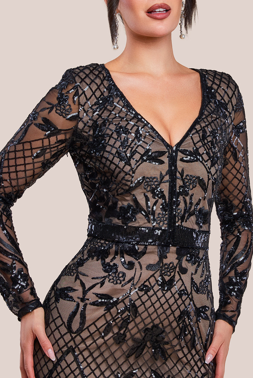 Goddiva Full Sleeve Sequin Evening Dress - Black