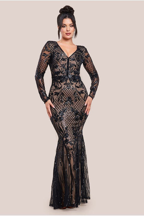Goddiva Full Sleeve Sequin Evening Dress - Black
