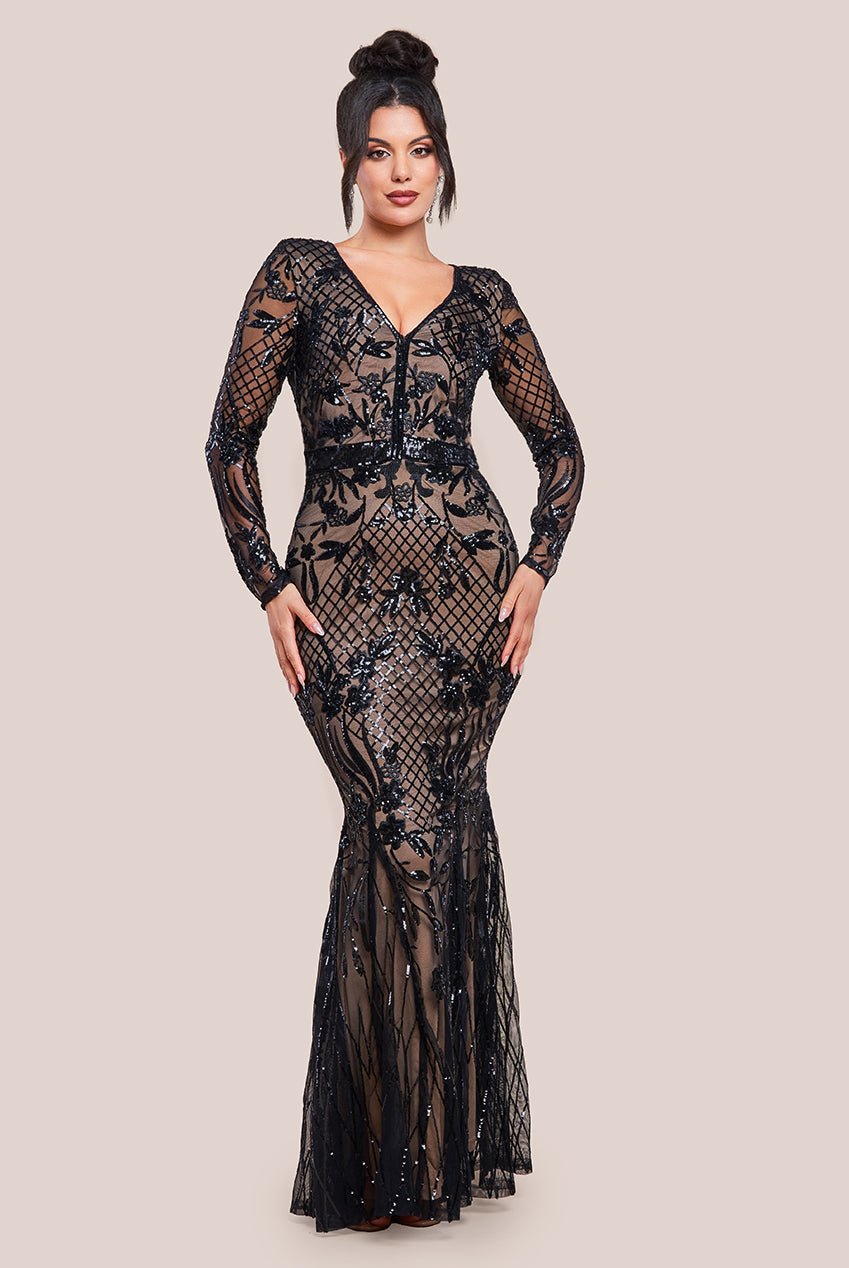 Goddiva Full Sleeve Sequin Evening Dress - Black