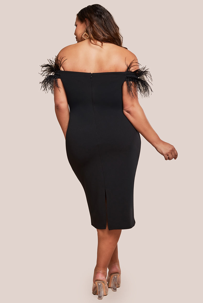 Goddiva Plus Off The Shoulder Feather Midi Dress - Black