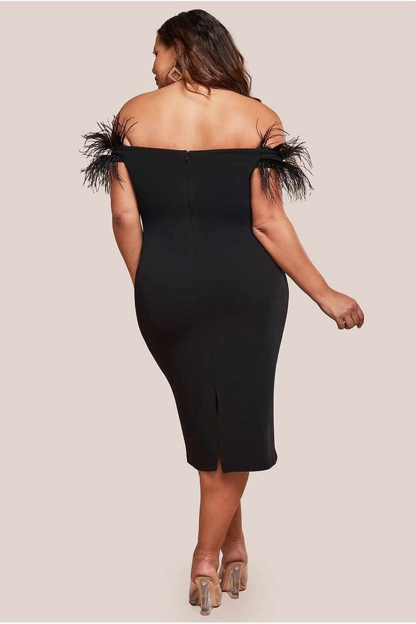 Goddiva Plus Off The Shoulder Feather Midi Dress - Black