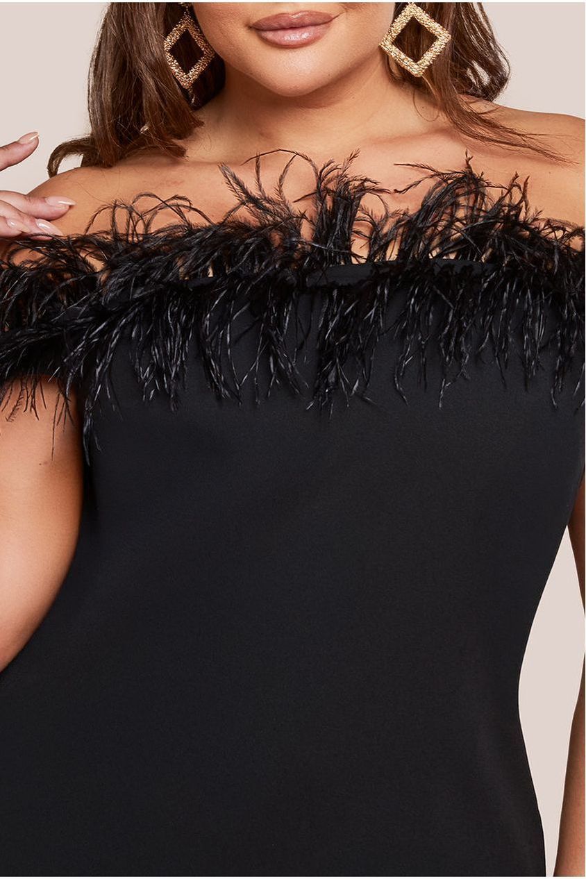 Goddiva Plus Off The Shoulder Feather Midi Dress - Black