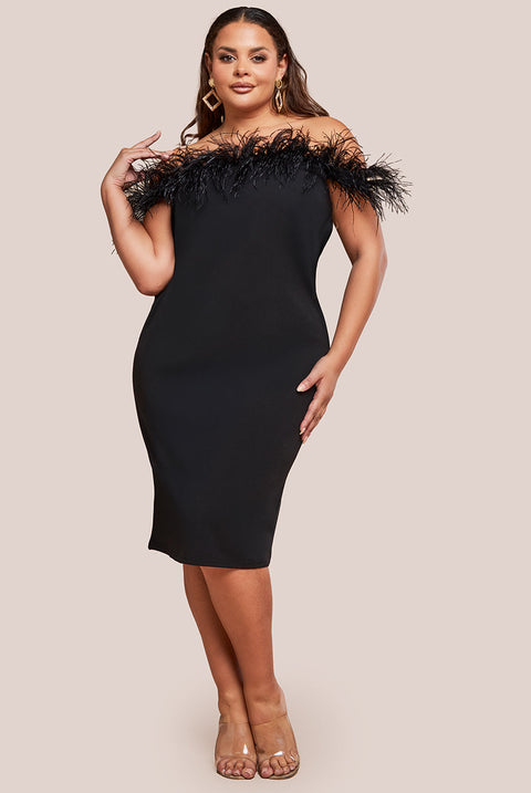 Goddiva Plus Off The Shoulder Feather Midi Dress - Black