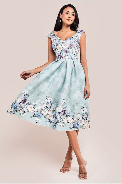 SageGreen - Goddiva Sweetheart Floral Midi Dress - Sage Green