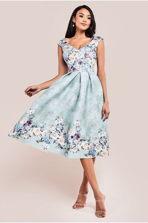 Goddiva Sweetheart Floral Midi Dress - Sage Green