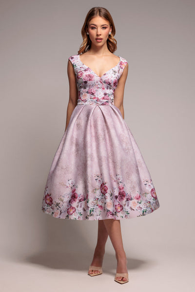 Blush - Goddiva Sweetheart Floral Midi Dress - Blush