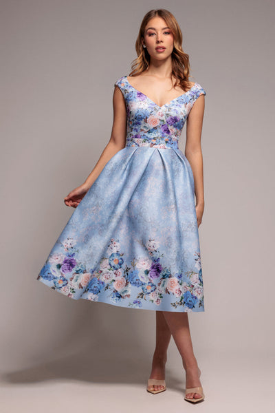 PowderBlue - Goddiva Sweetheart Floral Midi Dress - Powder Blue