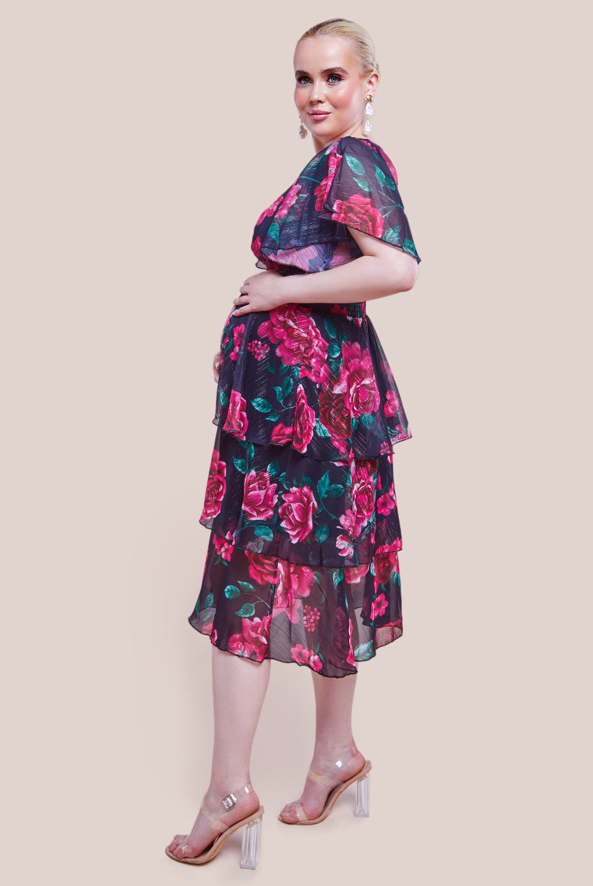Goddiva Maternity Layered Floral Midi Dress With Flutter Sleeves - Black Floral