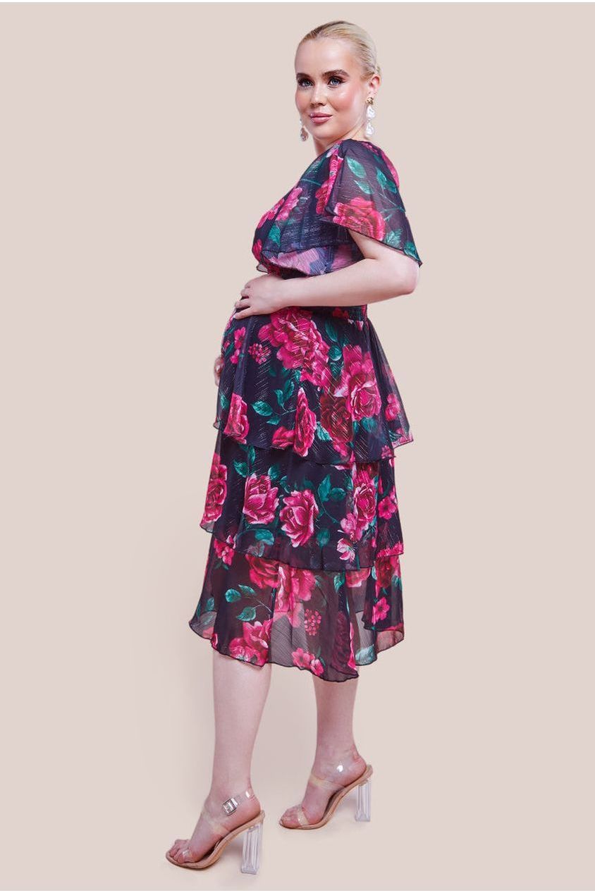 Goddiva Maternity Layered Floral Midi Dress With Flutter Sleeves - Black Floral