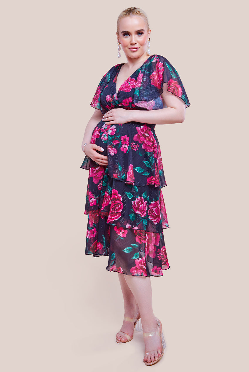 Goddiva Maternity Layered Floral Midi Dress With Flutter Sleeves - Black Floral