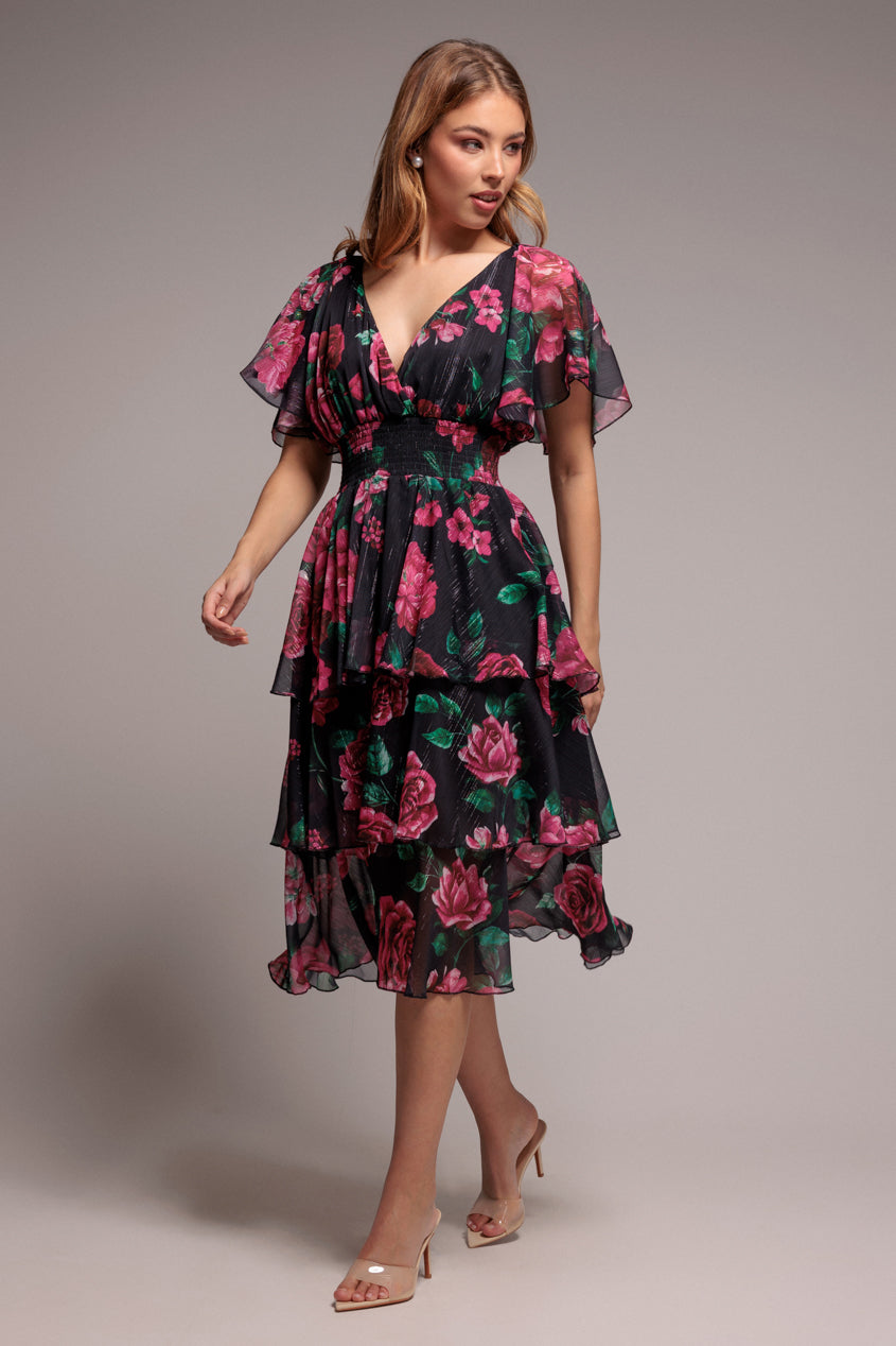 Goddiva Layered Floral Midi Flutter Sleeves - Blackfloral