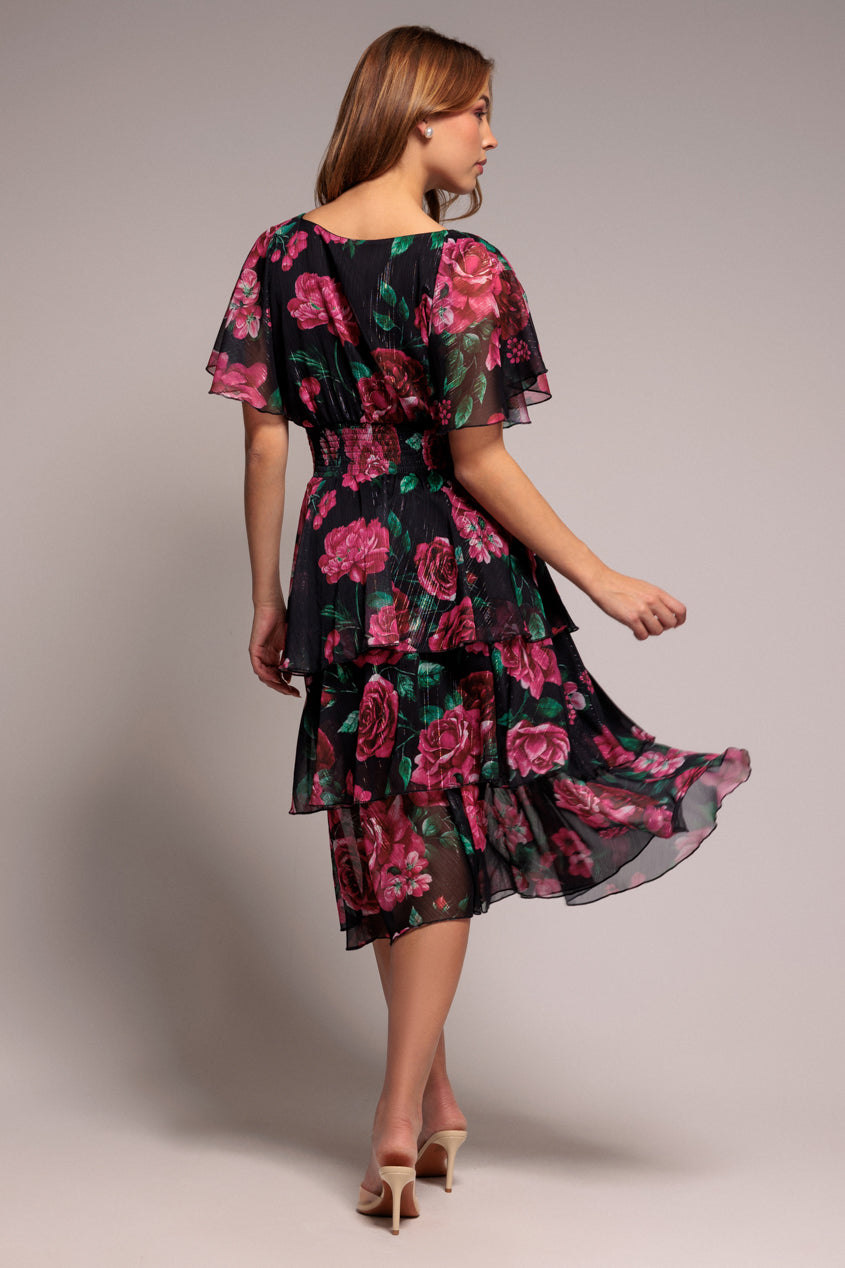 Goddiva Layered Floral Midi Flutter Sleeves - Blackfloral