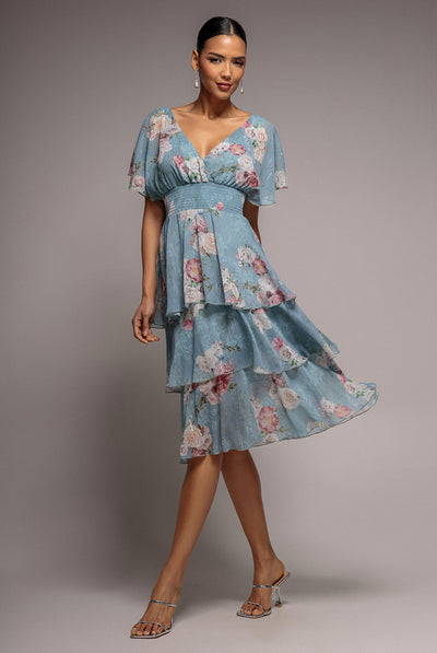 AirforceBlue - Goddiva Layered Floral Midi With Flutter Sleeves - Airforce Blue
