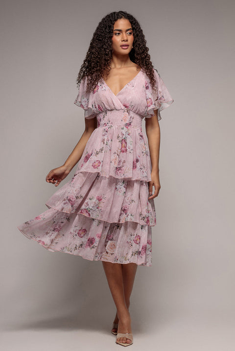 Goddiva Layered Floral Midi With Flutter Sleeves - Blush