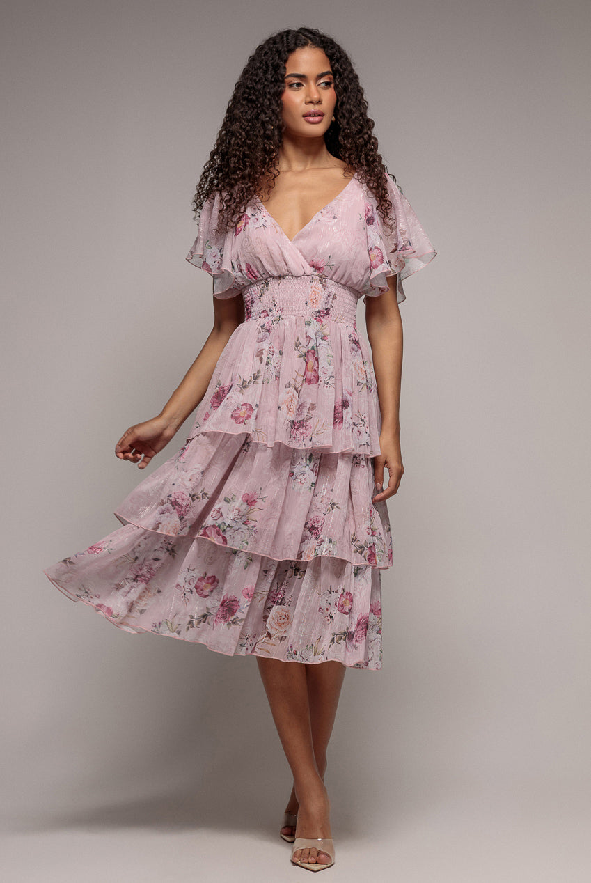 Goddiva Layered Floral Midi With Flutter Sleeves - Blush