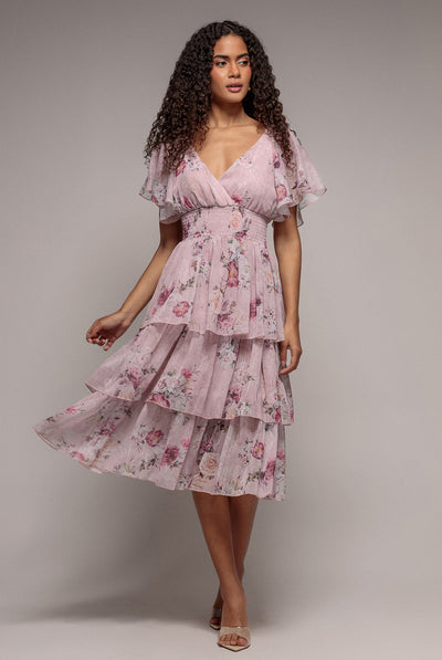 Blush - Goddiva Layered Floral Midi With Flutter Sleeves - Blush