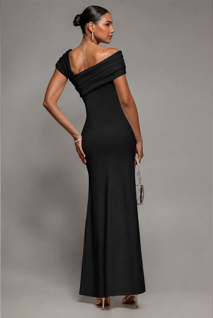 Goddiva One Shoulder Evening Maxi Dress - Black
