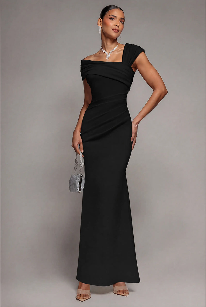 Goddiva One Shoulder Evening Maxi Dress - Black