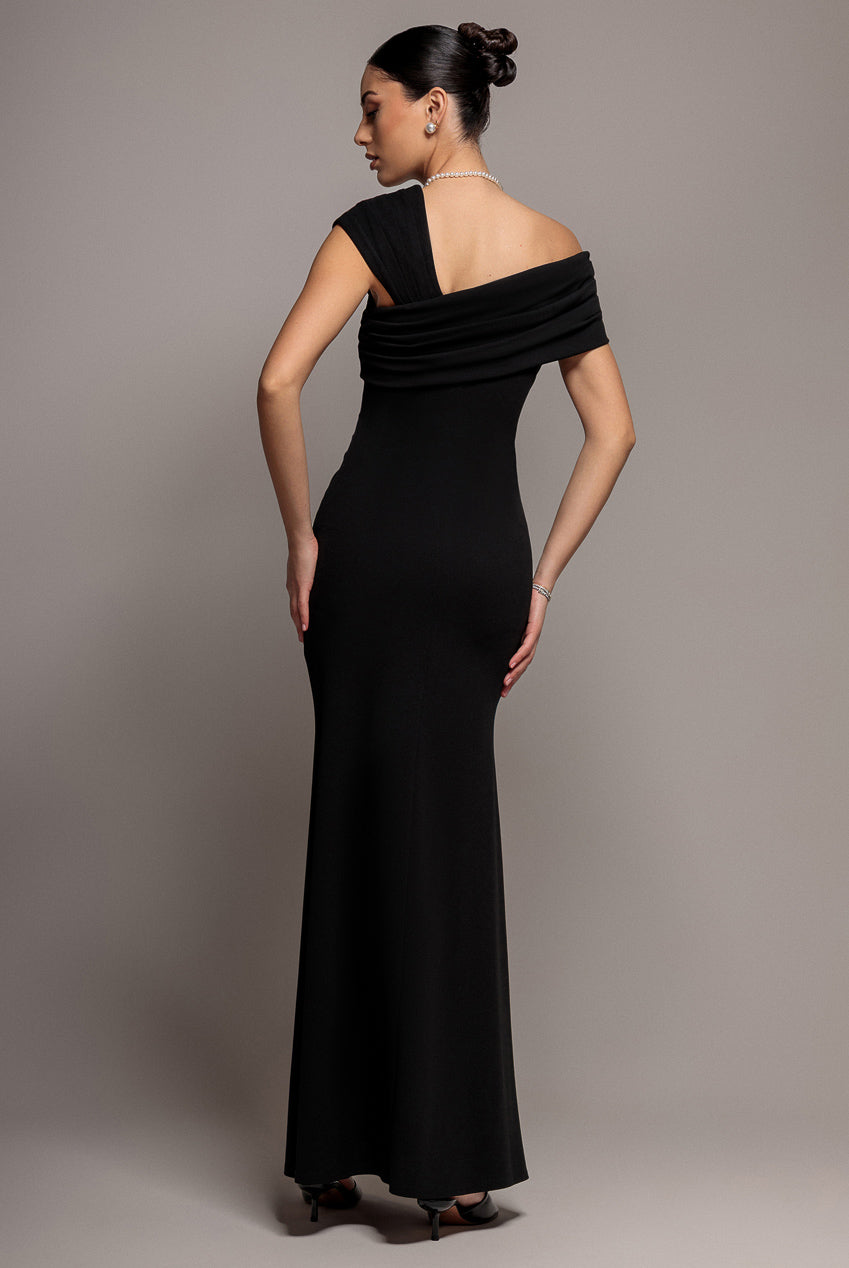Goddiva One Shoulder Evening Maxi Dress - Black