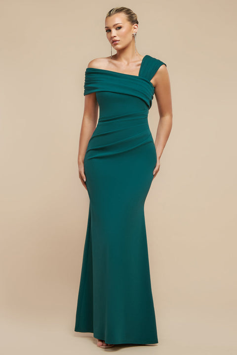 Goddiva One Shoulder Evening Maxi Dress - Emerald Green