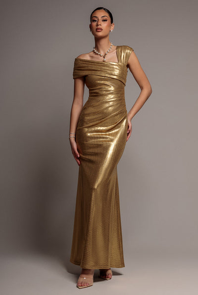 Gold - Goddiva One Shoulder Asymmetric Foil Scuba Maxi Dress - Gold