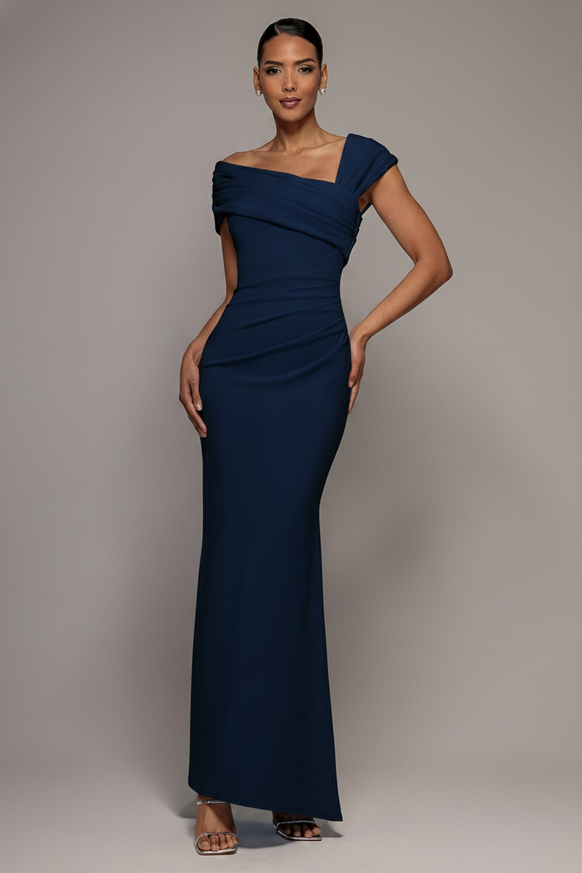 Goddiva One Shoulder Evening Maxi Dress - Navy