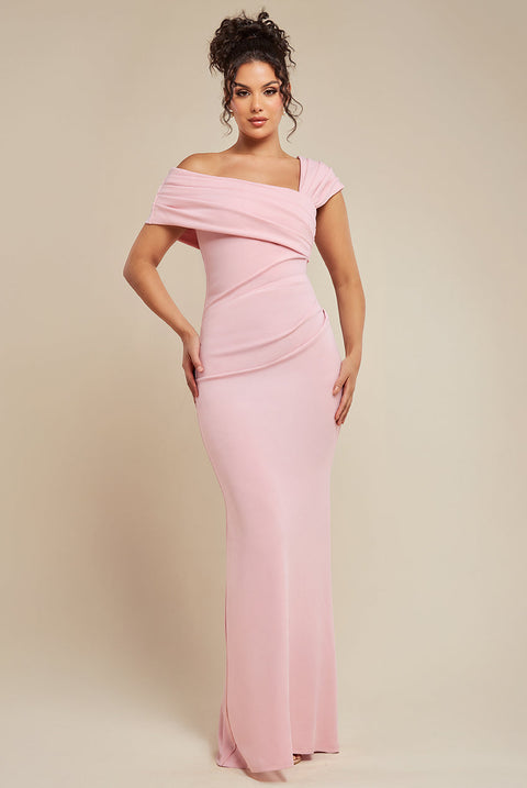 Goddiva One Shoulder Scuba Crepe Evening Maxi Dress - Blush Pink