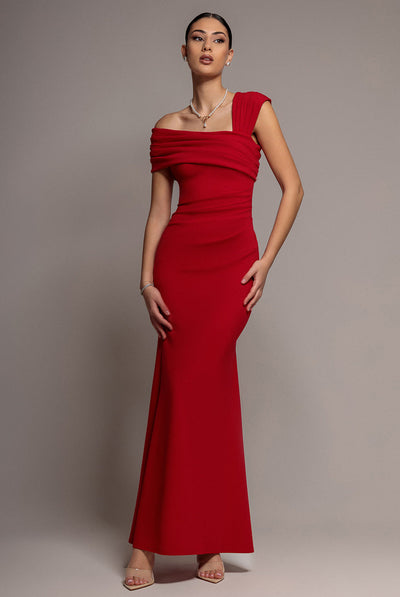 Red - Goddiva One Shoulder Evening Maxi Dress - Red