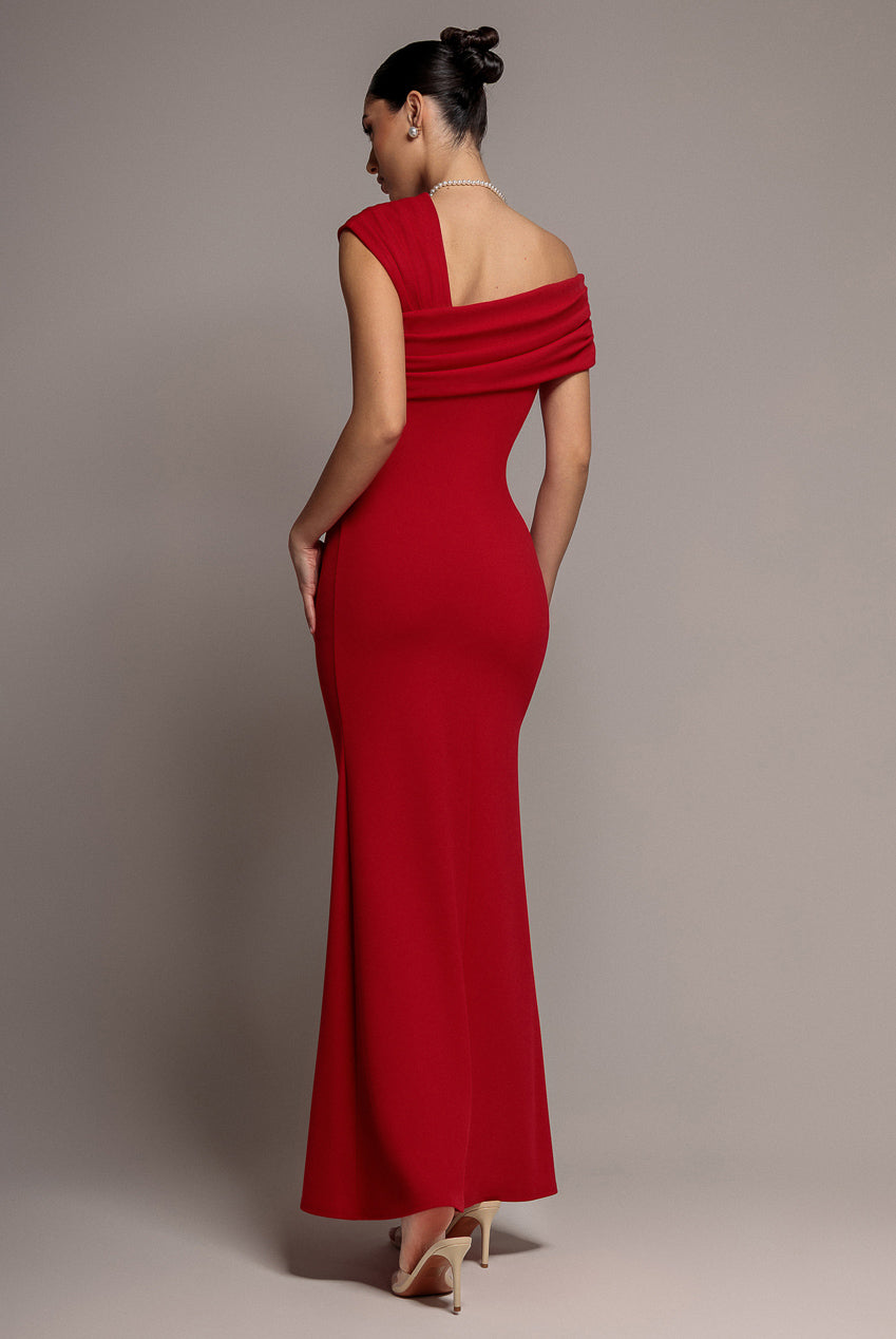 Goddiva One Shoulder Evening Maxi Dress - Red