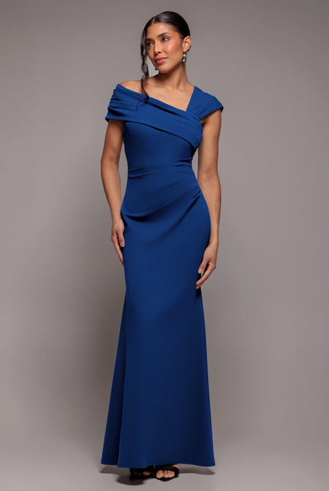 Goddiva One Shoulder Evening Maxi Dress - Royal Blue