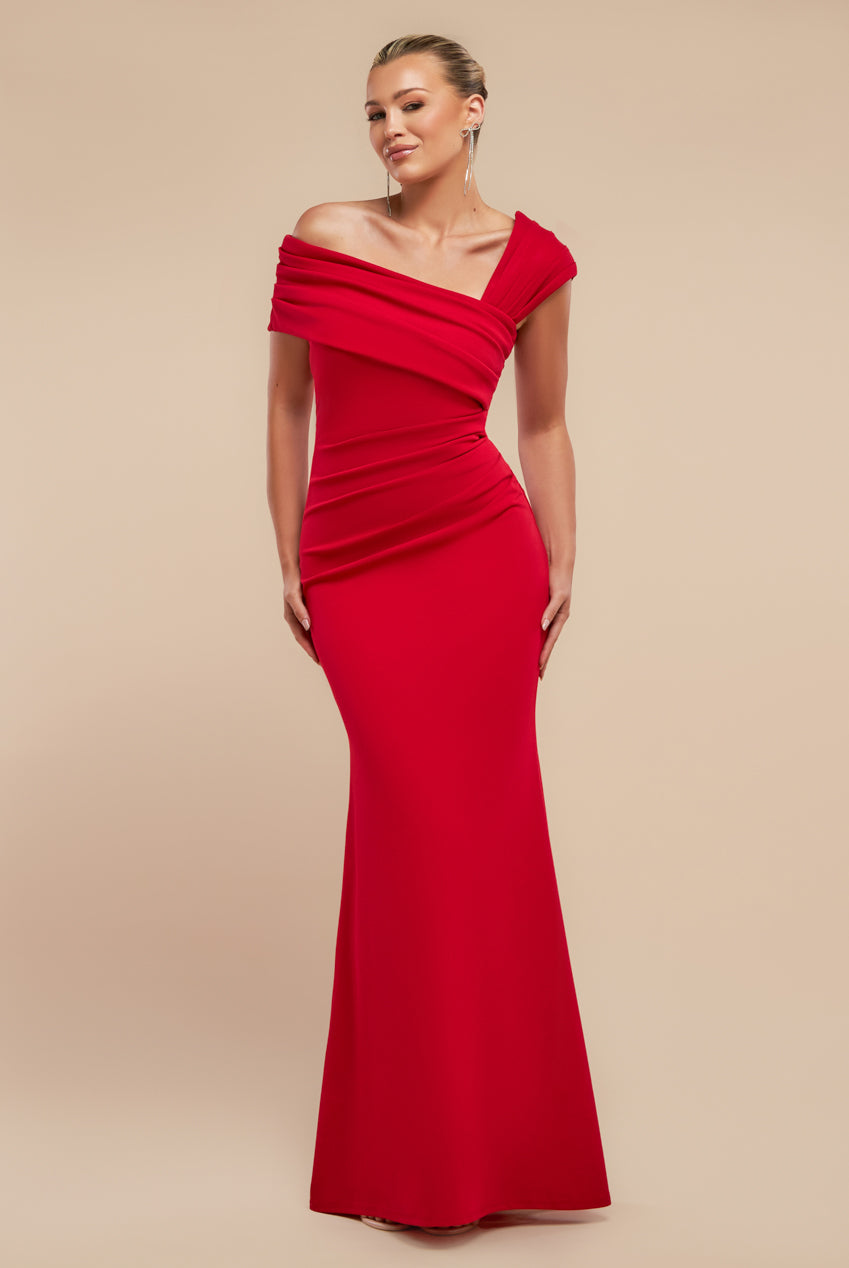 Goddiva One Shoulder Evening Maxi Dress - Red