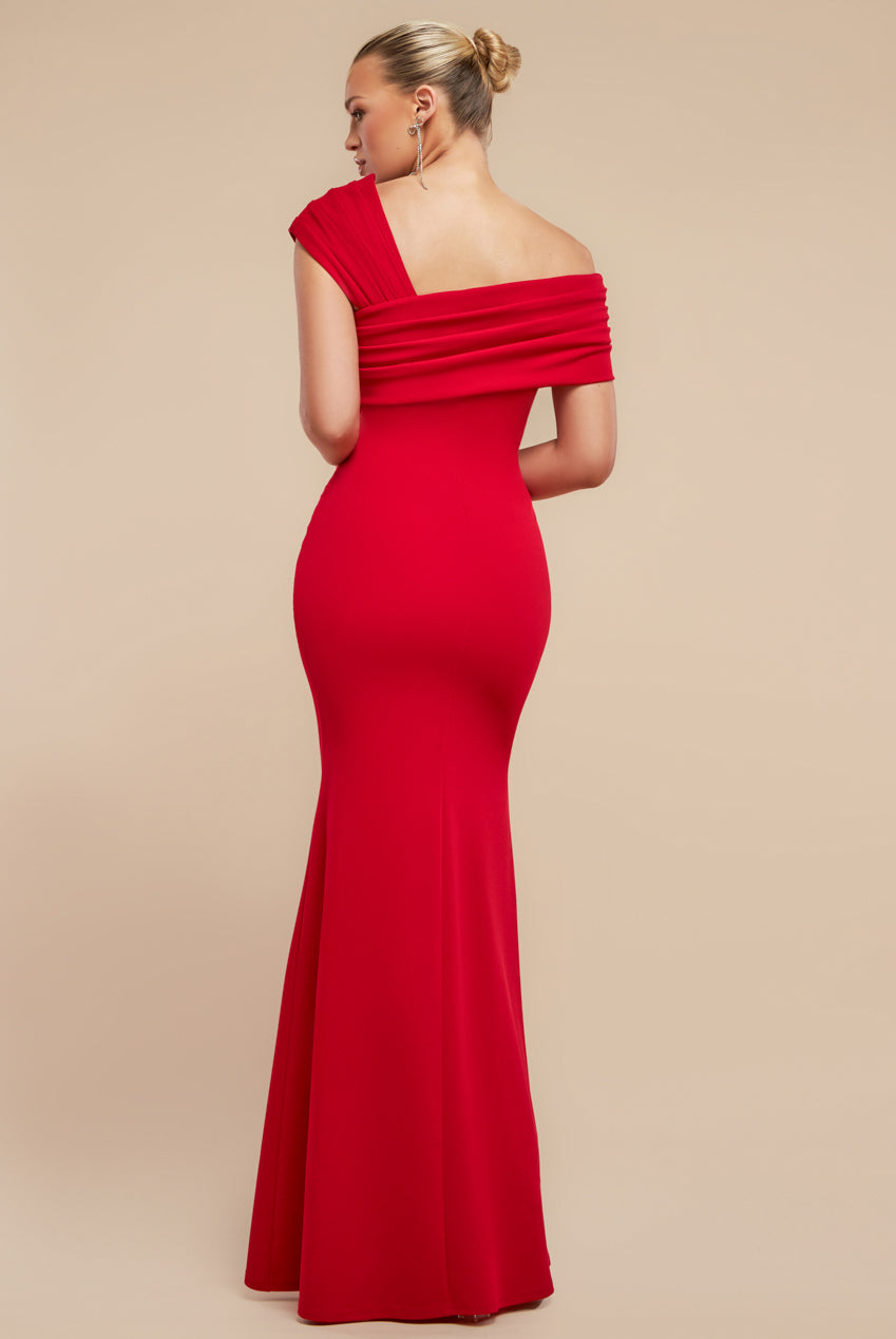 Goddiva One Shoulder Evening Maxi Dress - Red