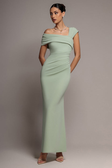 Goddiva One Shoulder Asymmetric Scuba Crepe Maxi Dress - Sage Green