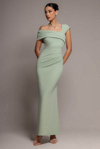 SageGreen - Goddiva One Shoulder Asymmetric Scuba Crepe Maxi Dress - Sage Green