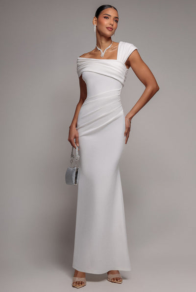 White - Goddiva One Shoulder Asymmetric Scuba Crepe Maxi Dress - White