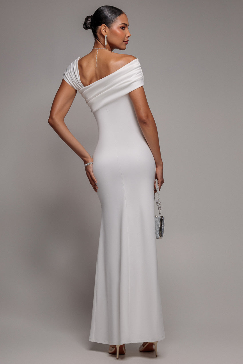 Goddiva One Shoulder Asymmetric Scuba Crepe Maxi Dress - White