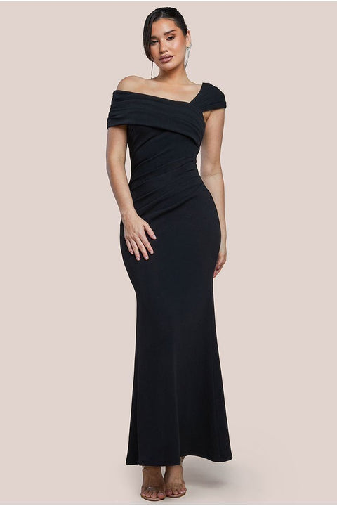 Goddiva One Shoulder Evening Maxi Dress - Black