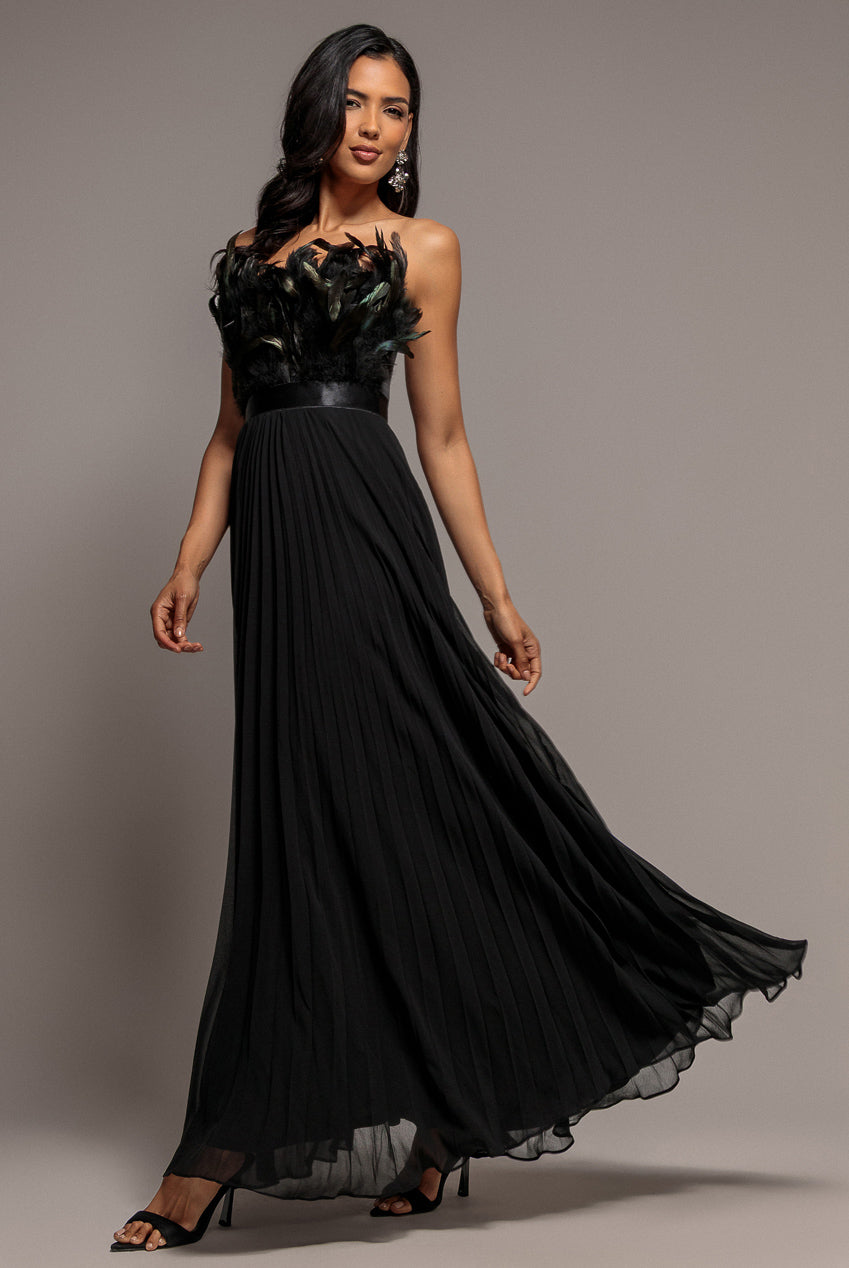 Goddiva Feather Off The Shoulder Pleated Evening Maxi Dress