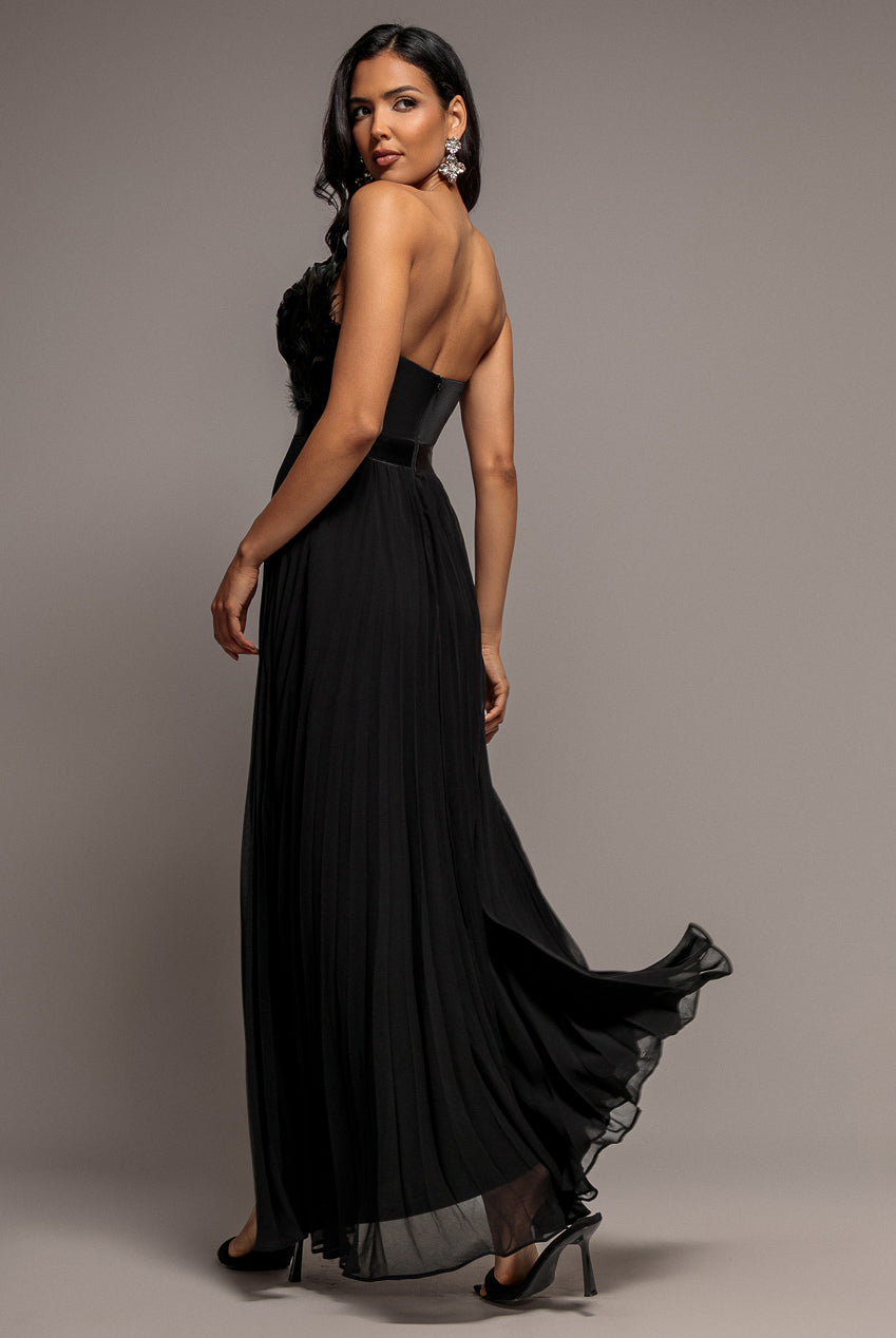 Goddiva Feather Off The Shoulder Pleated Evening Maxi Dress - Black