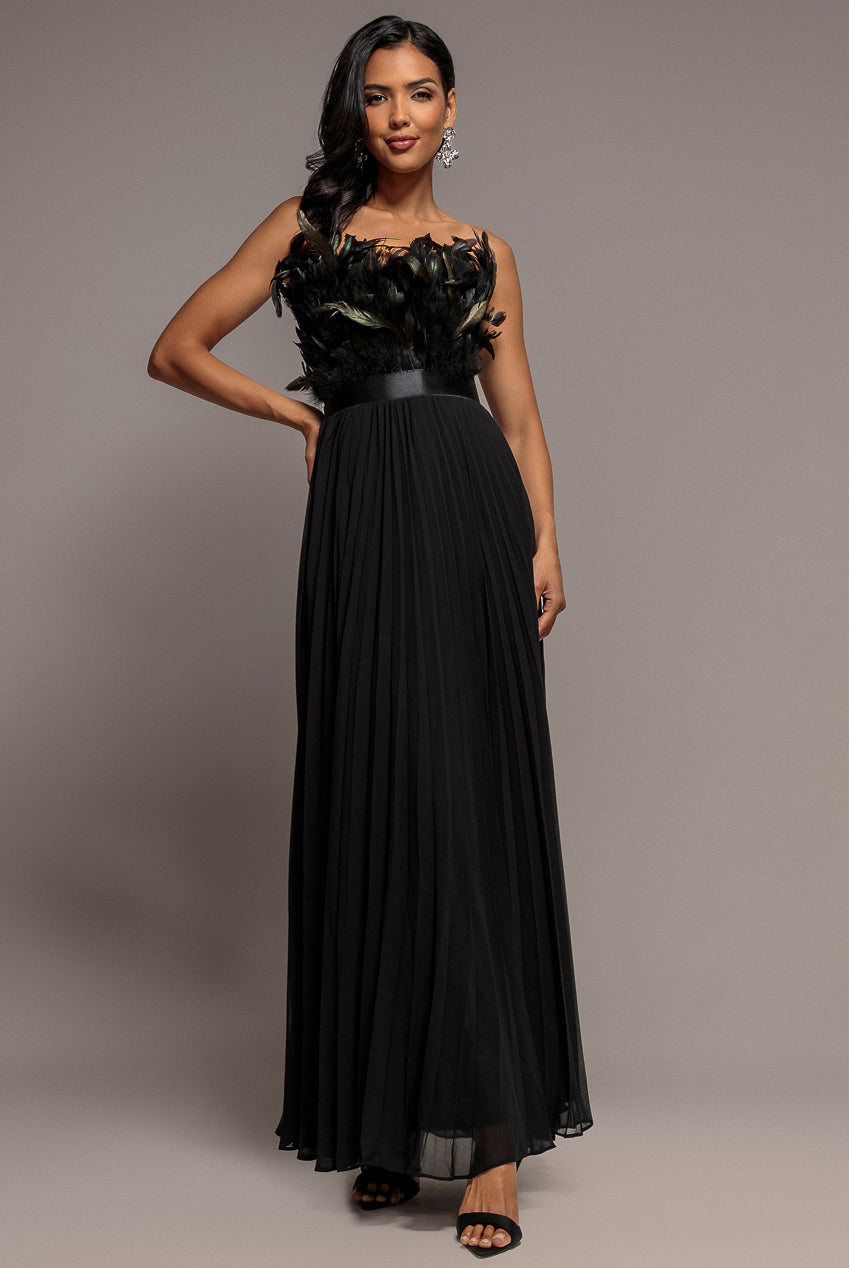 Goddiva Feather Off The Shoulder Pleated Evening Maxi Dress - Black