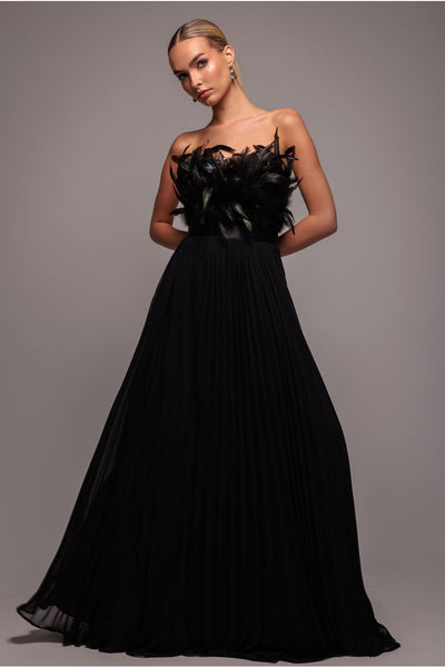 Black - Goddiva Feather Off The Shoulder Pleated Evening Maxi Dress - Black
