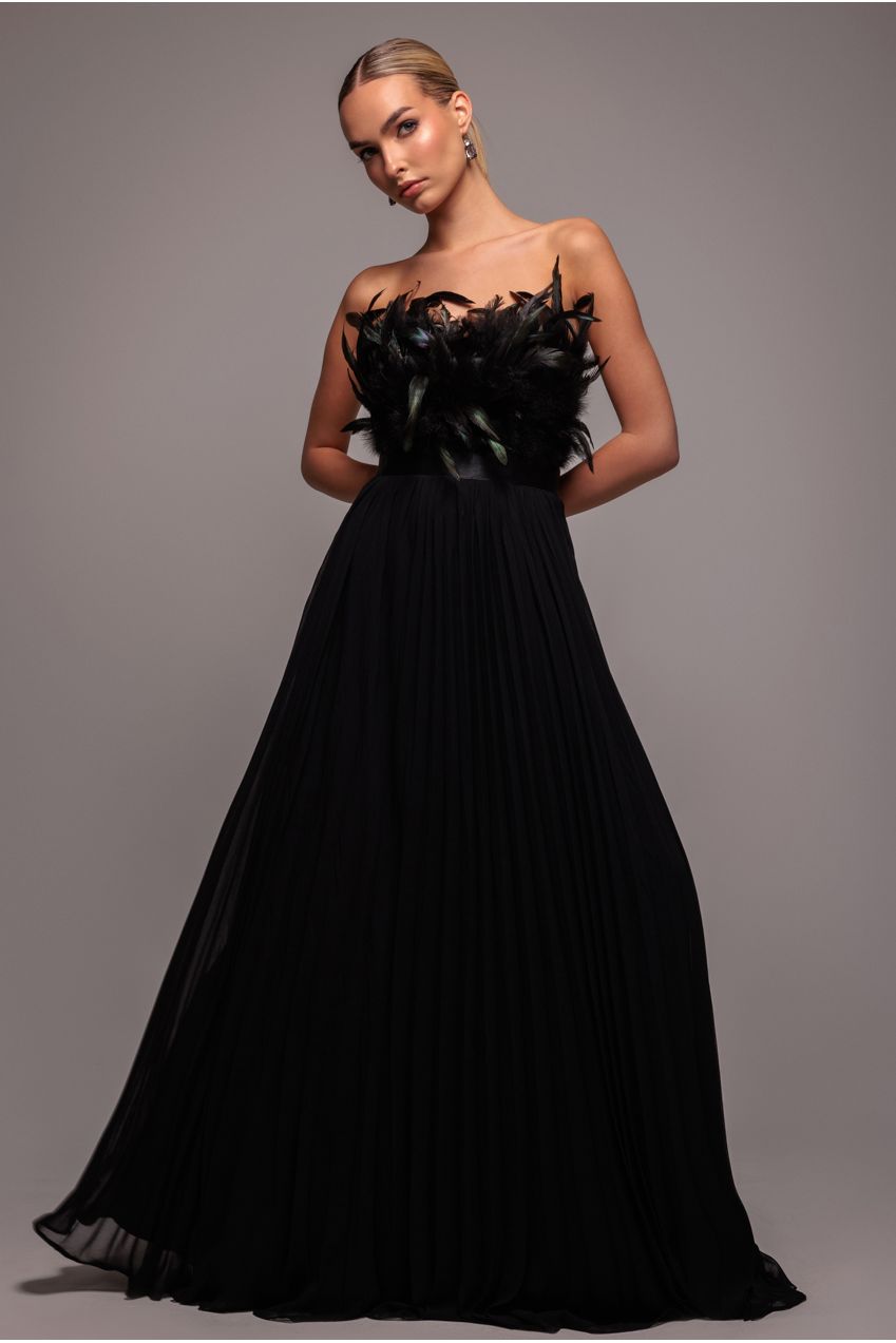 Goddiva Feather Off The Shoulder Pleated Evening Maxi Dress - Black