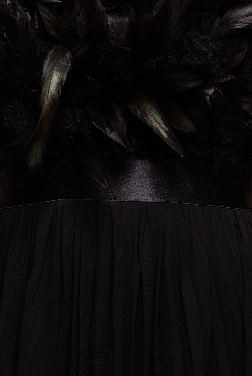 Goddiva Feather Off The Shoulder Pleated Evening Maxi Dress - Black