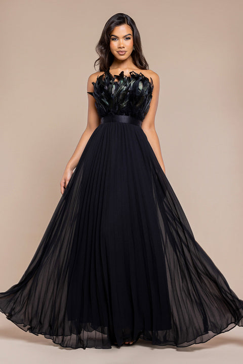 Goddiva Feather Off The Shoulder Pleated Evening Maxi Dress - Black