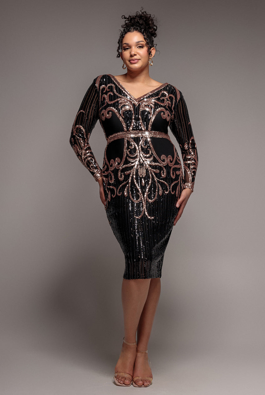 Goddiva Plus Sequin Mesh V Neck Midi Dress - Black