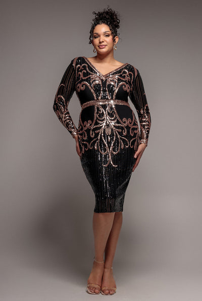 Black - Goddiva Plus Sequin Mesh V Neck Midi Dress - Black