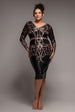 Goddiva Plus Sequin Mesh V Neck Midi Dress - Black