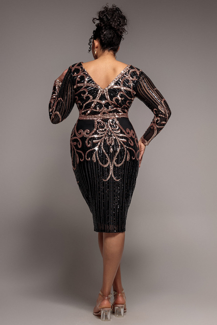 Goddiva Plus Sequin Mesh V Neck Midi Dress - Black