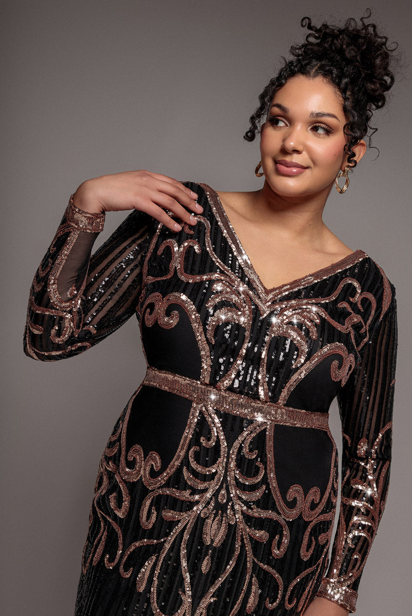 Goddiva Plus Sequin Mesh V Neck Midi Dress - Black